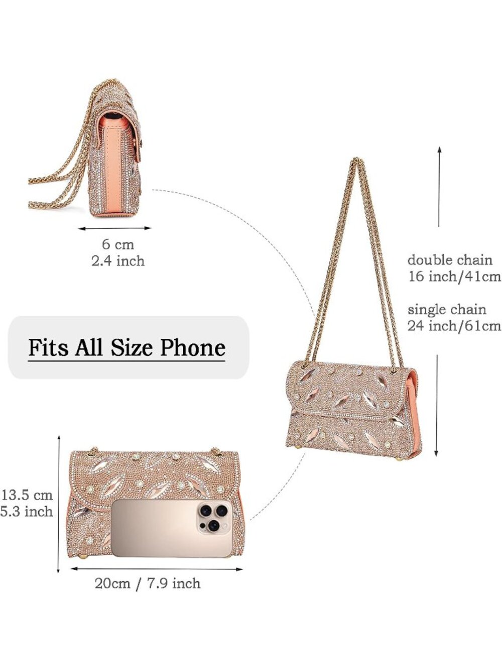 〽️Women's Tan Crystals Rhinestone Chain Strap Square Flower Evening Handbags - Picture 6 of 6